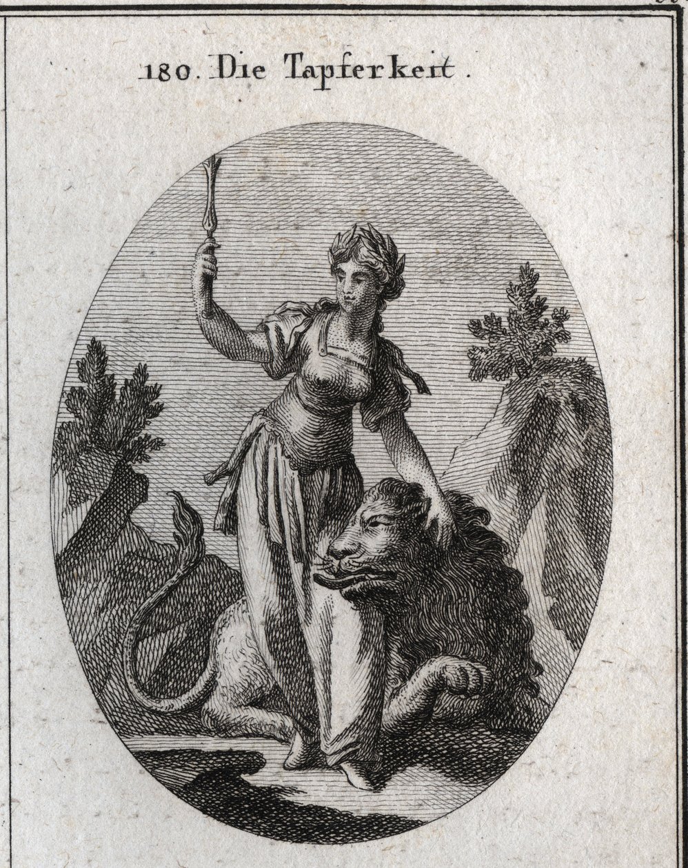 Allégorie de la valeur, couronnée de laurier, elle caresse un lion apprivoisé par elle. Le sceptre élevé signifie que son courage la rend digne de commander. Gravure dans « Iconologie oder Ideen aus dem Gebiete der Leidenschaften und Allegorien bildich da - Austrian School