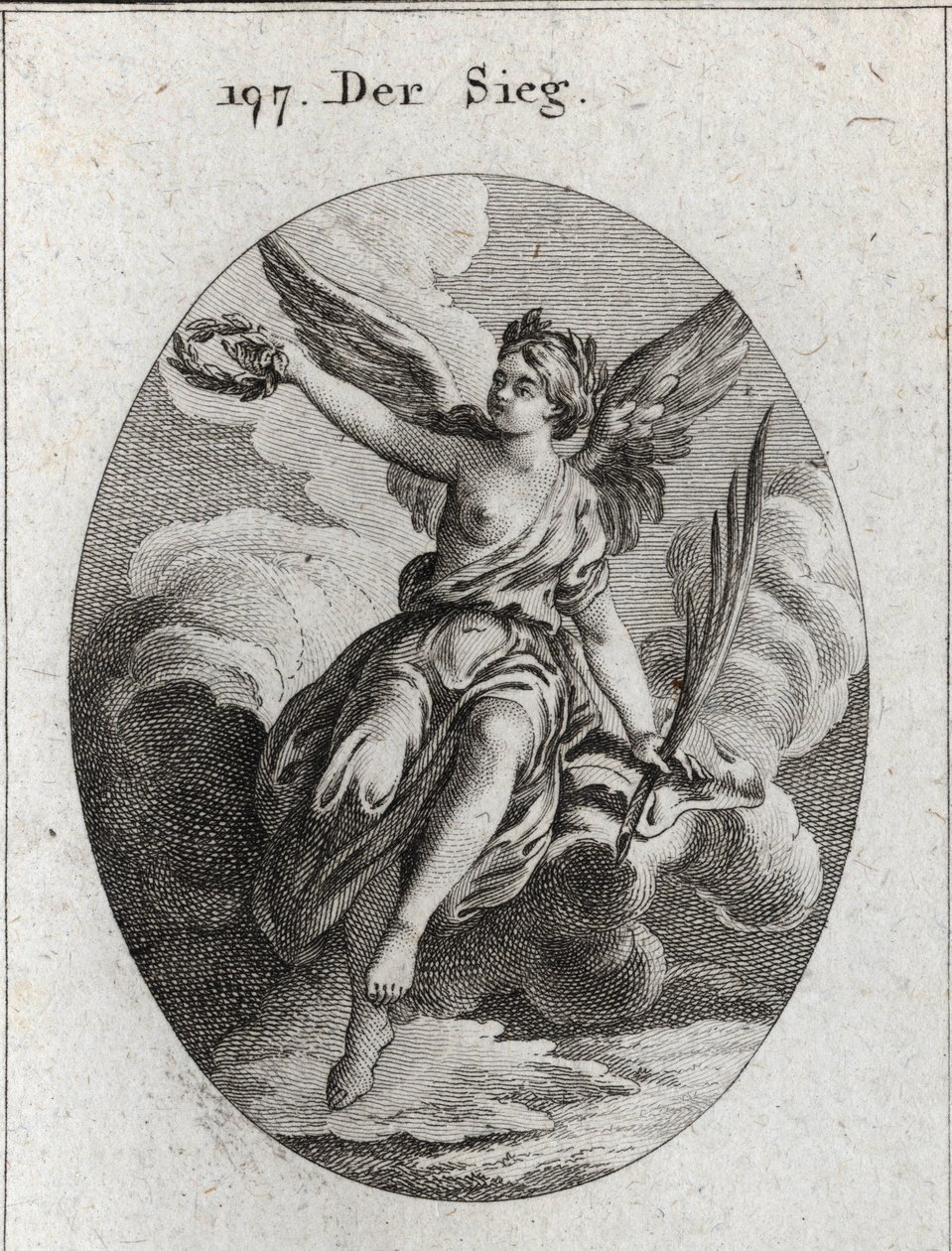 Allégorie de la victoire. Elle a des ailes et tient une palme et une couronne de laurier. Gravure dans « Iconologie oder Ideen aus dem Gebiete der Leidenschaften und Allegorien bildich dargestellt für Zeichner, Mahler, Dichter, Gelehrte, Erzieher und Freun - Austrian School