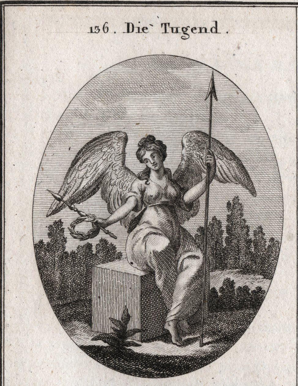 Allégorie de la vertu. Le cube de marbre sur lequel elle est assise désire la solidité, et ses ailes déployées signifient qu