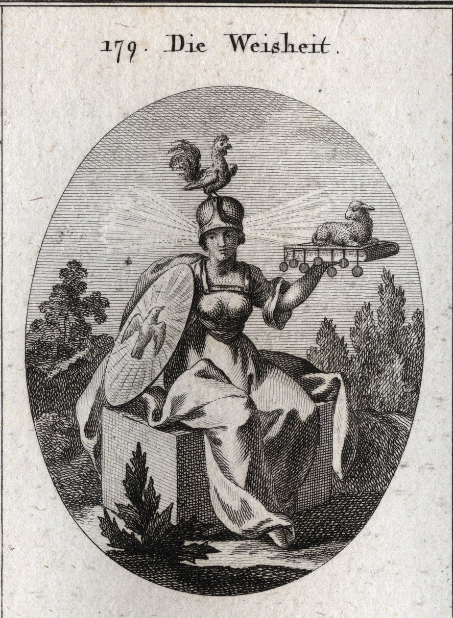 Allégorie de la sagesse. Ses vêtements et ses armes blanches définissent sa force et sa pureté. Le coq sur son casque est le symbole de son intelligence et de sa vigilance. Les rayons de lumière sortant de ses tempes signifient dignité et sainteté. Le livr - Austrian School