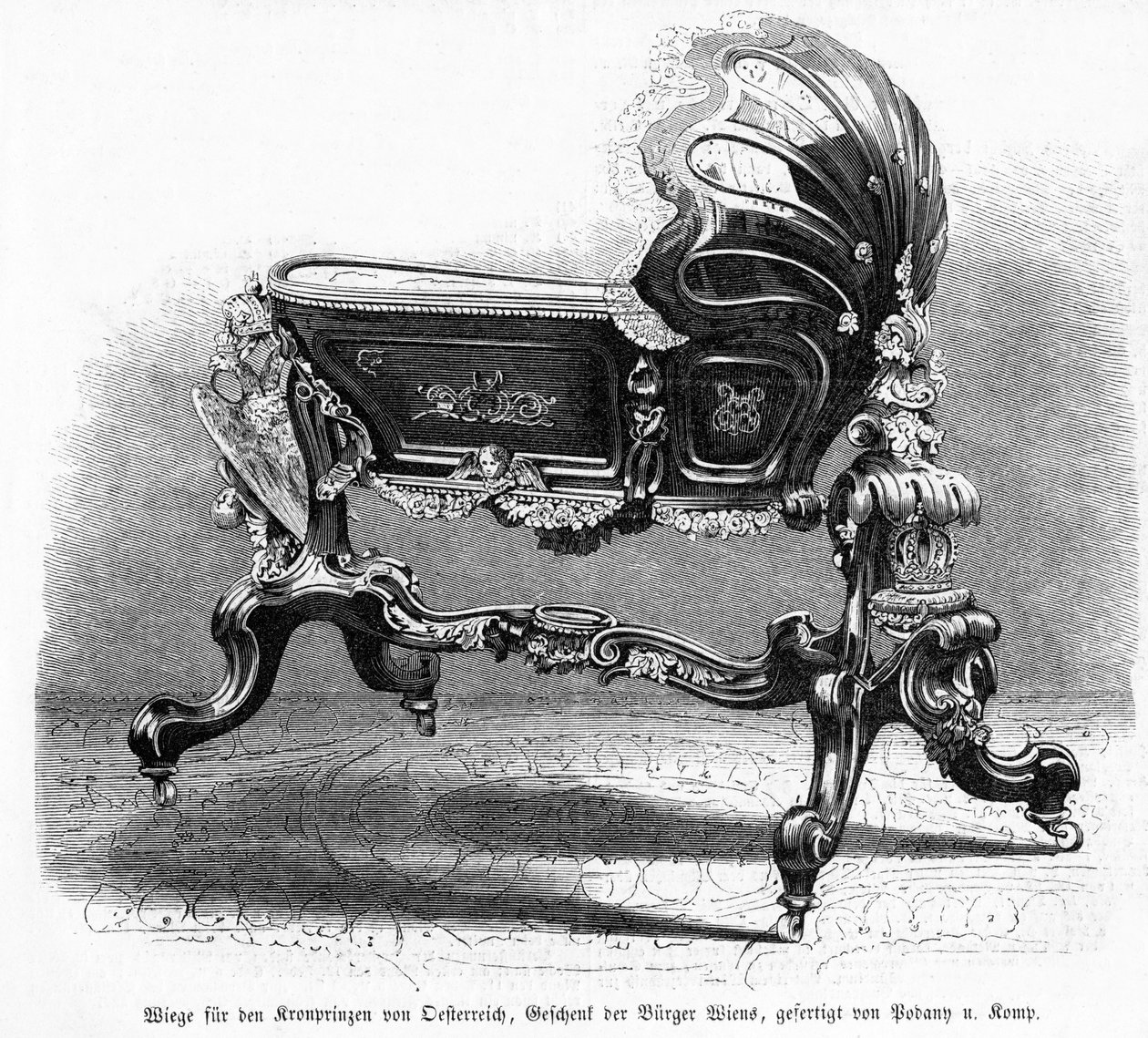 Lit de bébé du prince héritier autrichien, illustration de Leipziger Illustrirte Zeitung, 1859 - Austrian School
