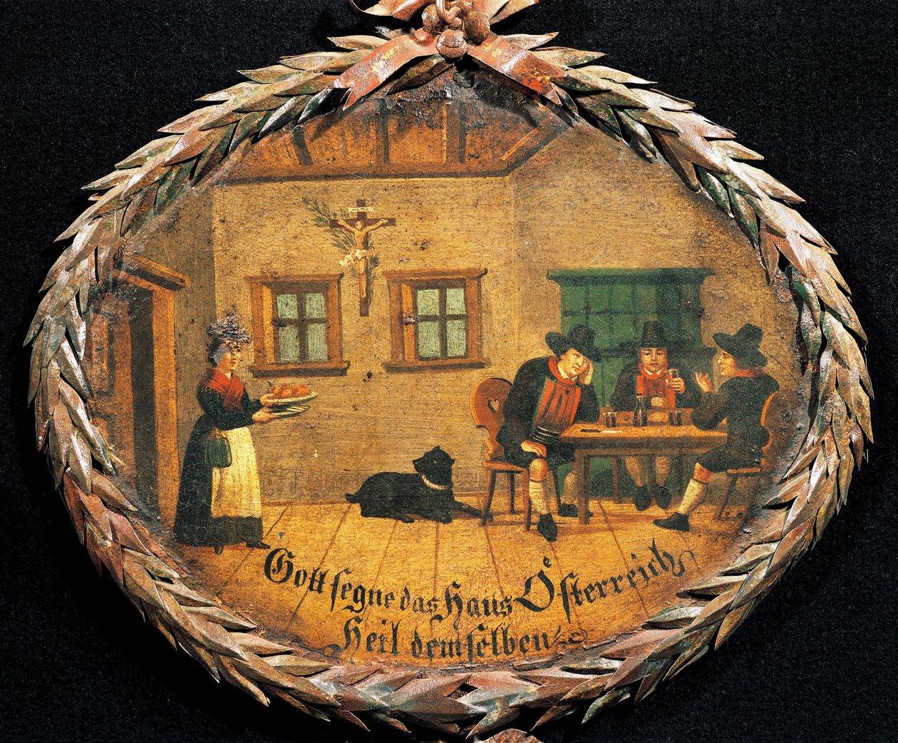 Clients assis à une table dans une auberge et serveuse, enseigne ovale pour auberge, Autriche - Austrian School