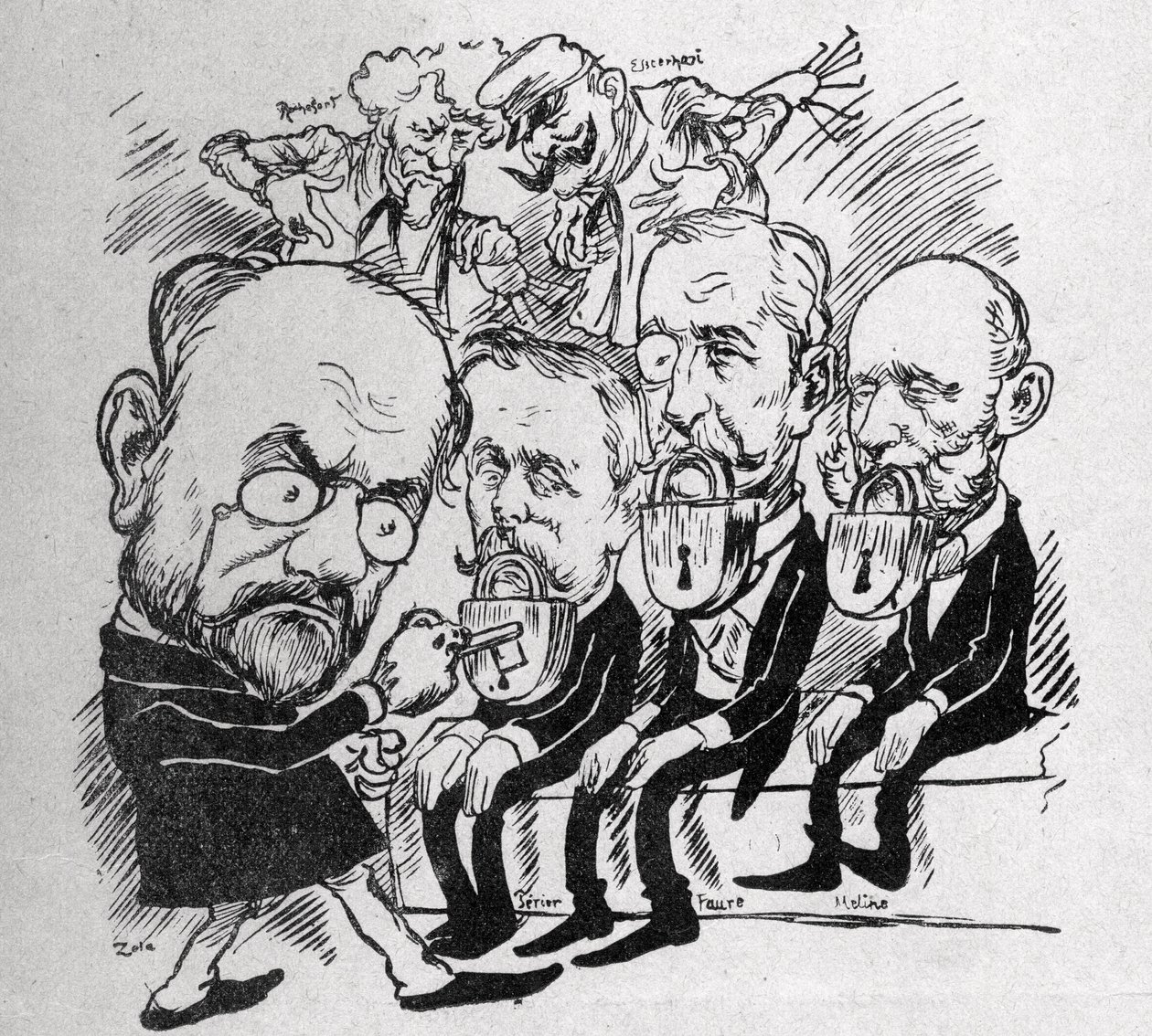 Émile Zola tente de déverrouiller les serrures qui ferment les bouches des présidents Jean Casimir-Perier (1847-1907) et Félix Faure (1841-1899) ainsi que du président du Conseil Jules Méline (1838-1925), tandis qu