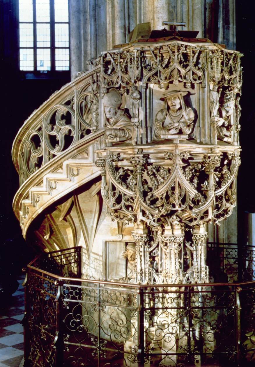 Chaire de pèlerin, décorée de bustes des Quatre Pères de l