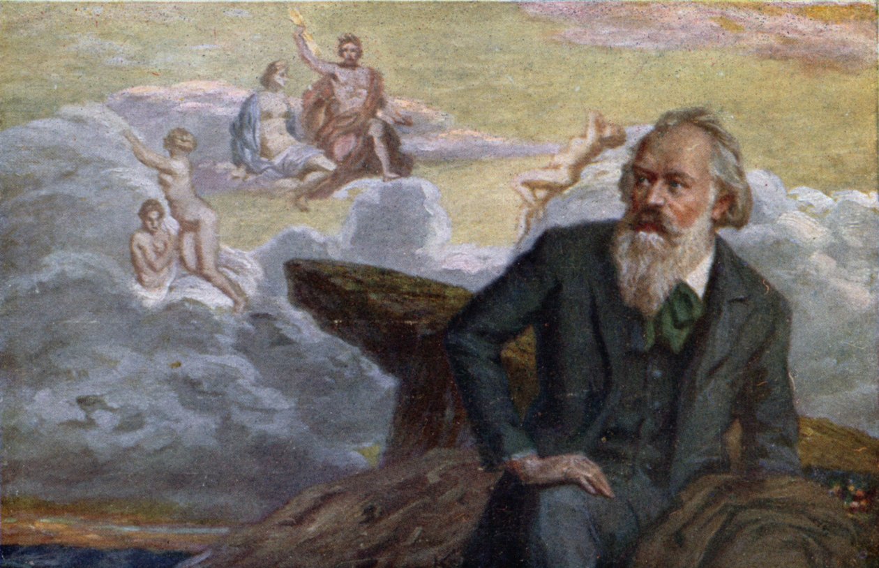 Carte postale représentant Johannes Brahms composant sa 1ère Symphonie Op.68, c.1900 - Austrian School