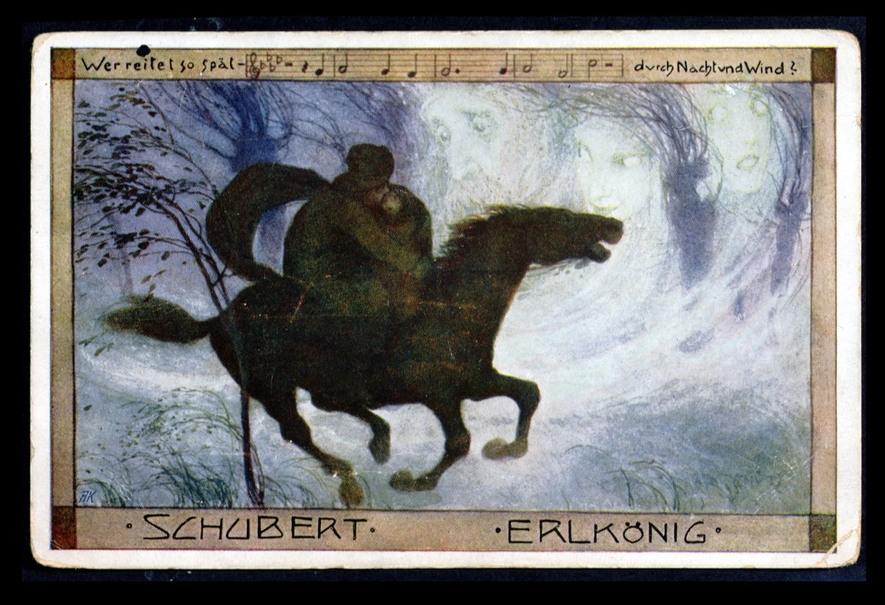 Carte postale illustrant la chanson "Erlkonig" de Franz Peter Schubert (1797-1828), début du 20e siècle (lithographie en couleurs) - Austrian School