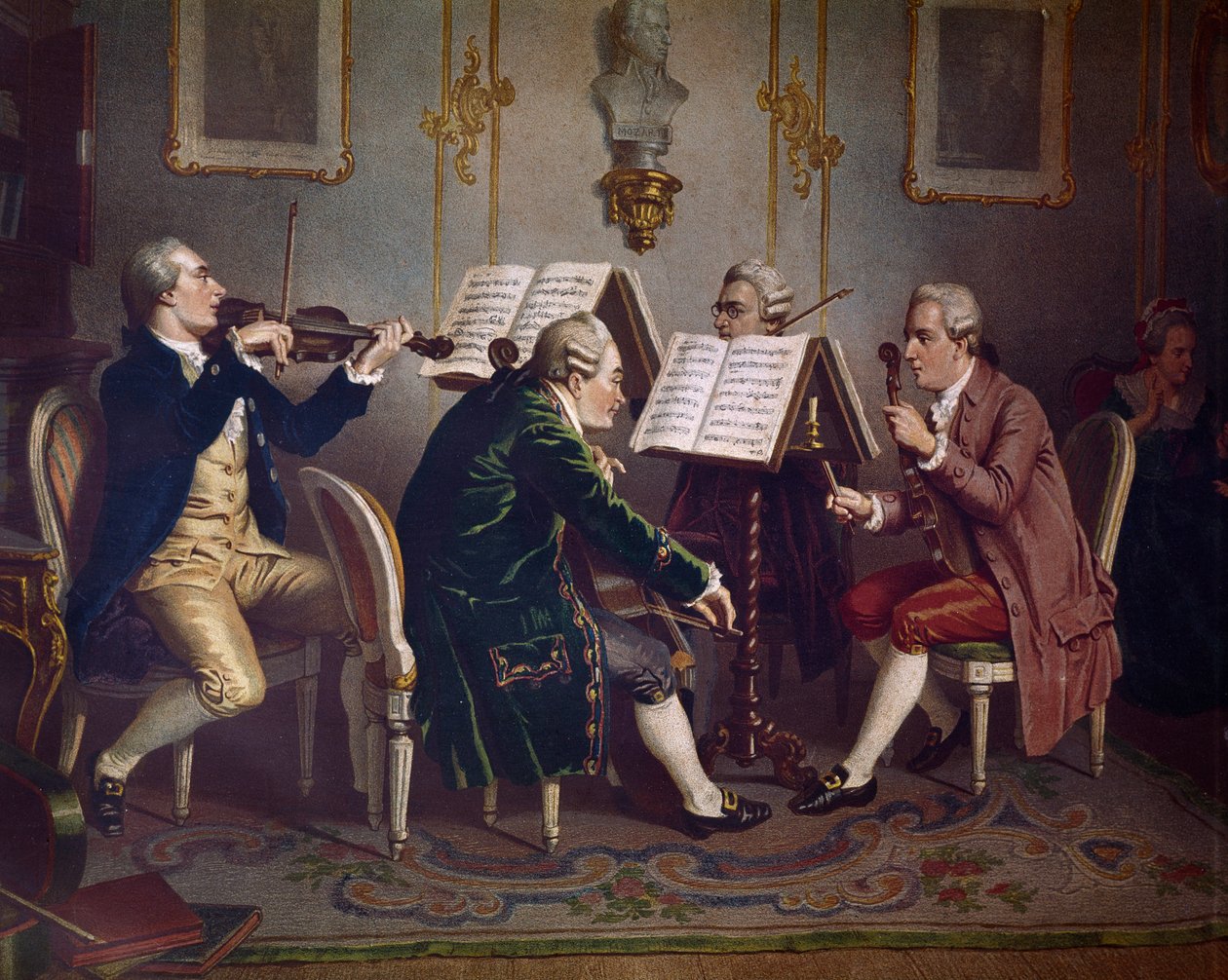 Quatuor à cordes jouant une œuvre de Mozart (Musique de chambre) (Lithographie) - Austrian School