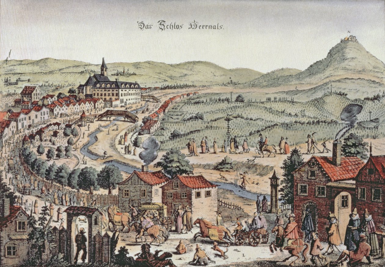 Vue du nord de Vienne avec le château de Hernals et les collines de Kahlenberg en arrière-plan (gravure) - Austrian School