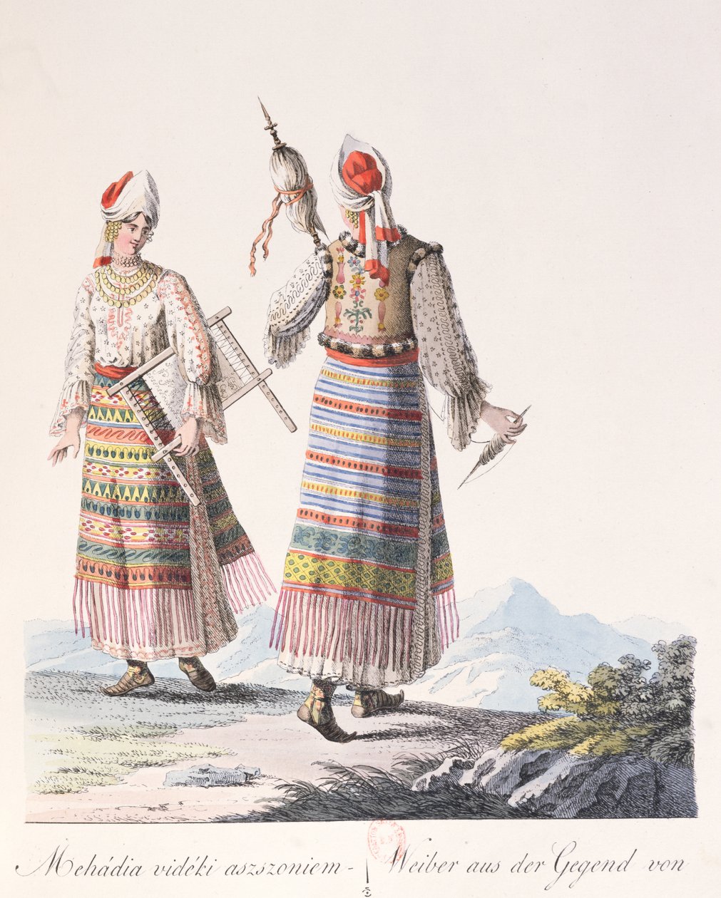 Femmes en costume traditionnel de la région de Mehadia, illustration du livre Costumes de Hongrie par J.H. de Bikkesy, 1810 - Austrian School