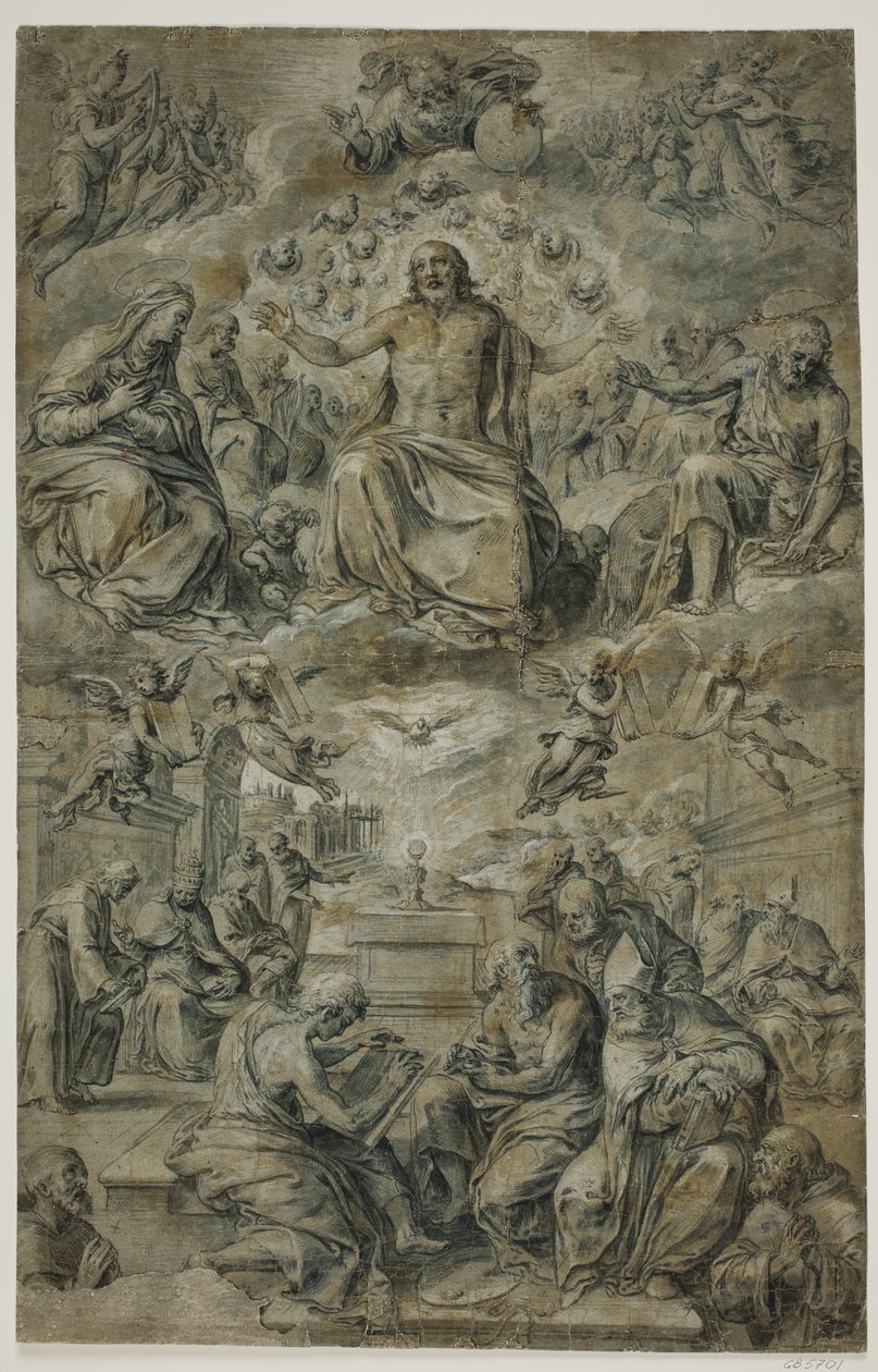Dispute du Saint-Sacrement avec la Trinité planant dans le ciel - Avanzino Nucci