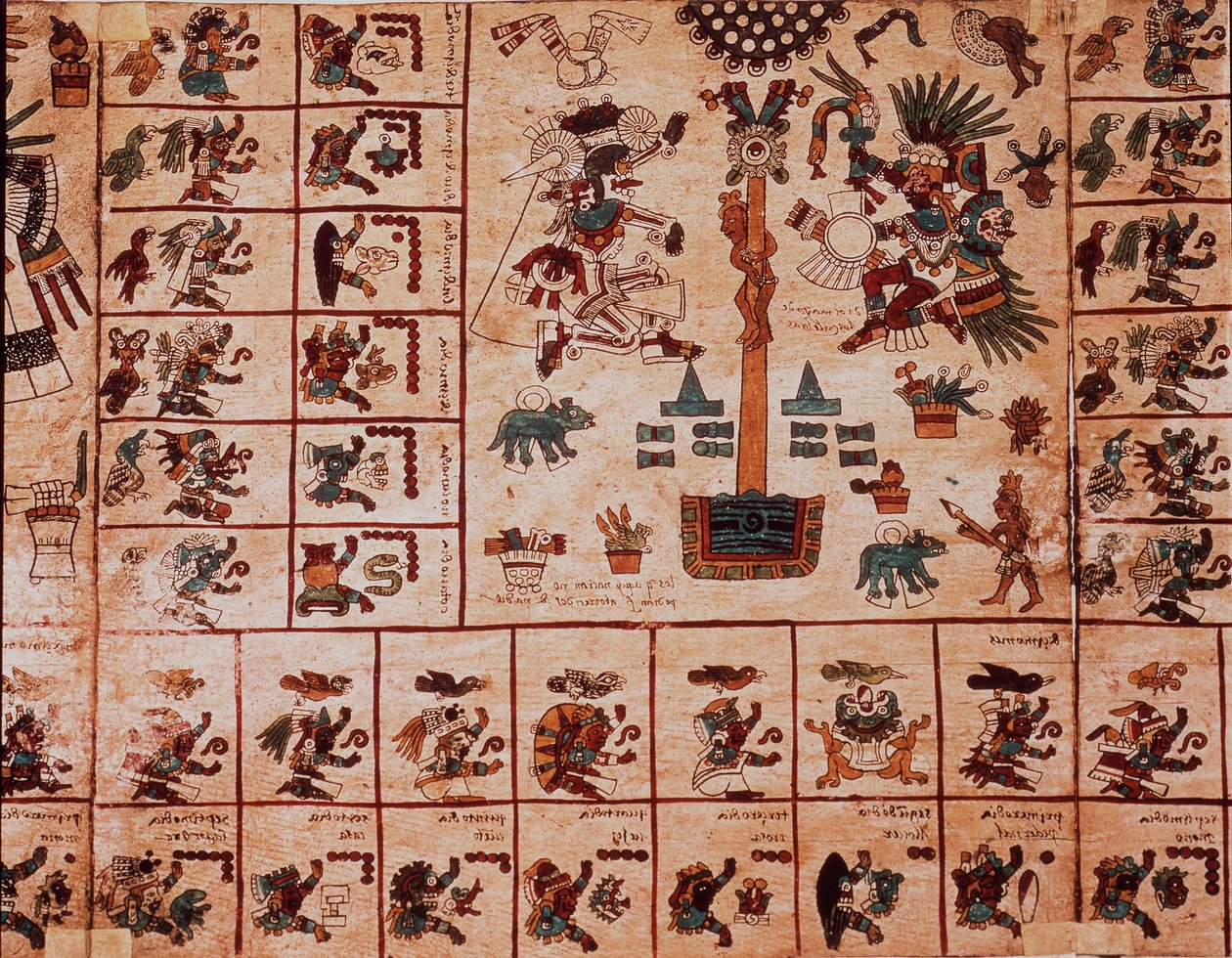 Représentation de divinités aztèques et cases correspondant au calendrier. Page du manuscrit aztèque sur écorce « Codex Borbonicus », codex indigène précolombien du centre du Mexique, fin du XVe siècle. Bibliothèque de l