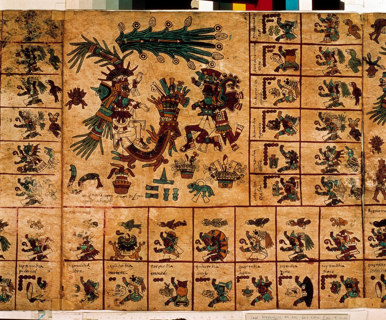 Représentation de divinités aztèques et cases correspondant au calendrier. Page du manuscrit aztèque sur écorce "Codex Borbonicus", codex indigène précolombien du centre du Mexique, fin du 15e siècle. Bibliothèque de l