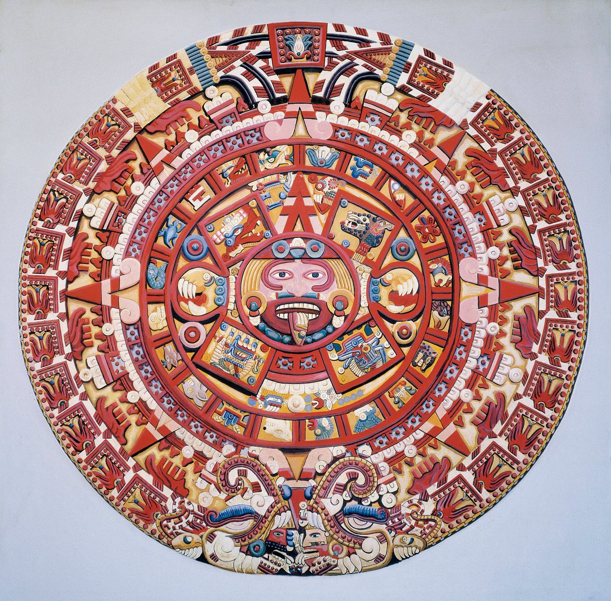 Civilisation précolombienne : le calendrier aztèque (Pierre du Soleil) : disque représentant le calendrier aztèque et la cosmogonie (Tonalpohualli) - Aztec Aztec