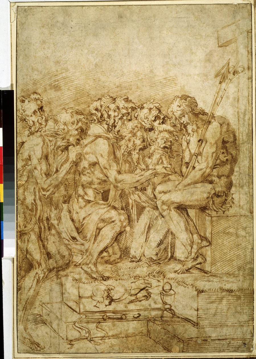 Le Christ avec les symboles de la Passion entouré de sept personnages, dessin à l