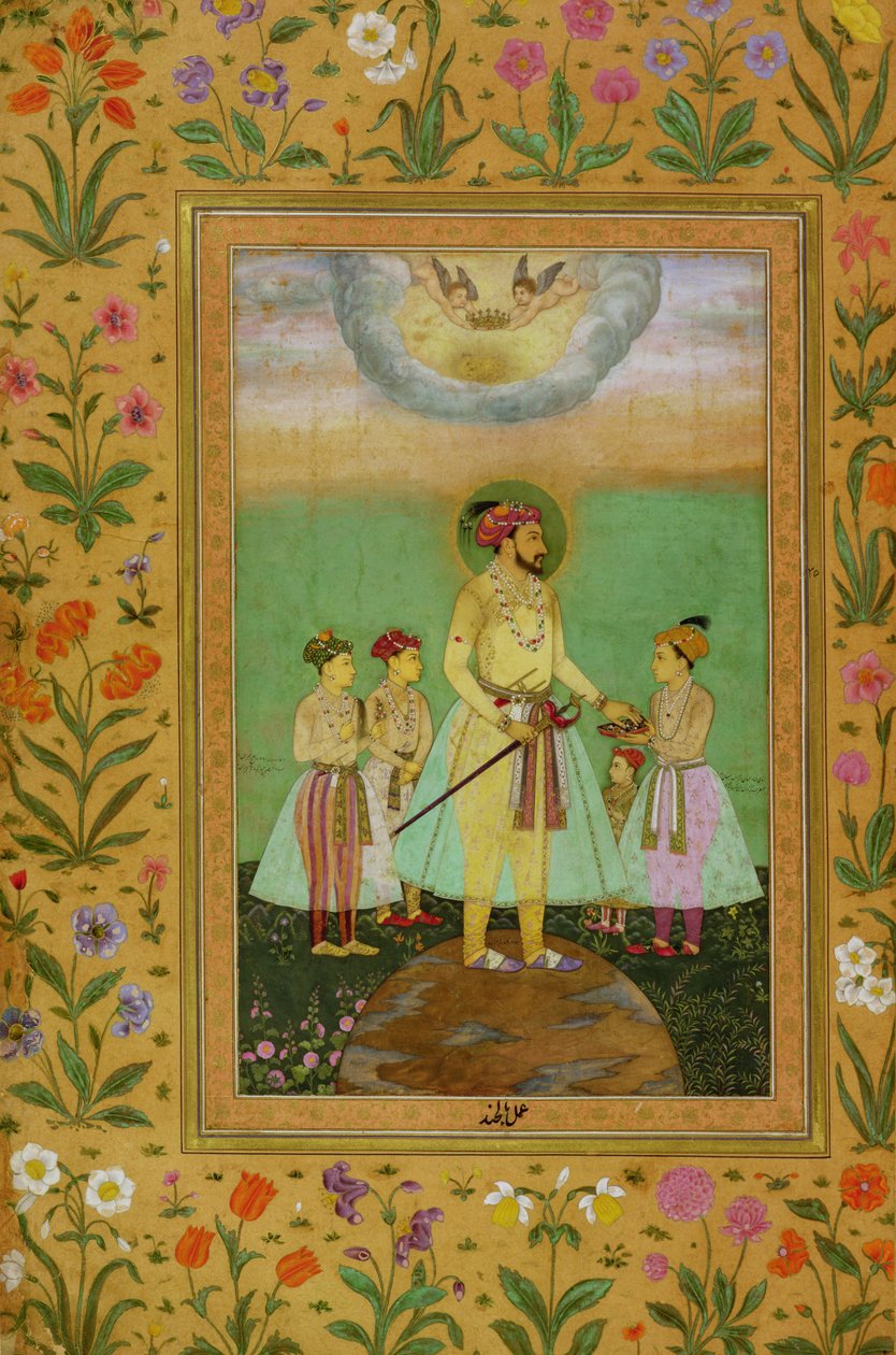 Shah Jahan (1592-1666) se tient sur un grand globe entouré de ses quatre enfants, de l