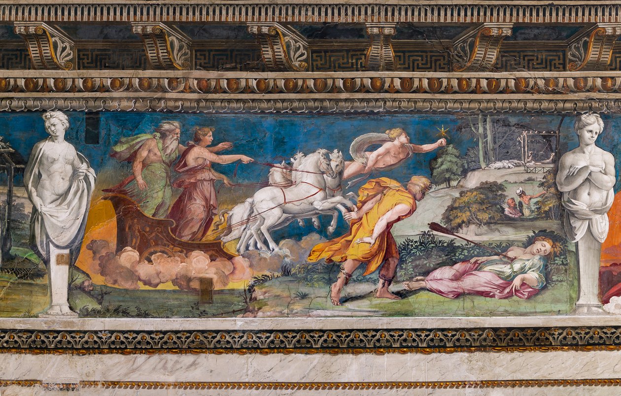 Procris empalée par le javelot infaillible, Céphale courant vers elle et Aurore et Titon sur un char tiré par quatre chevaux - Baldassarre Peruzzi