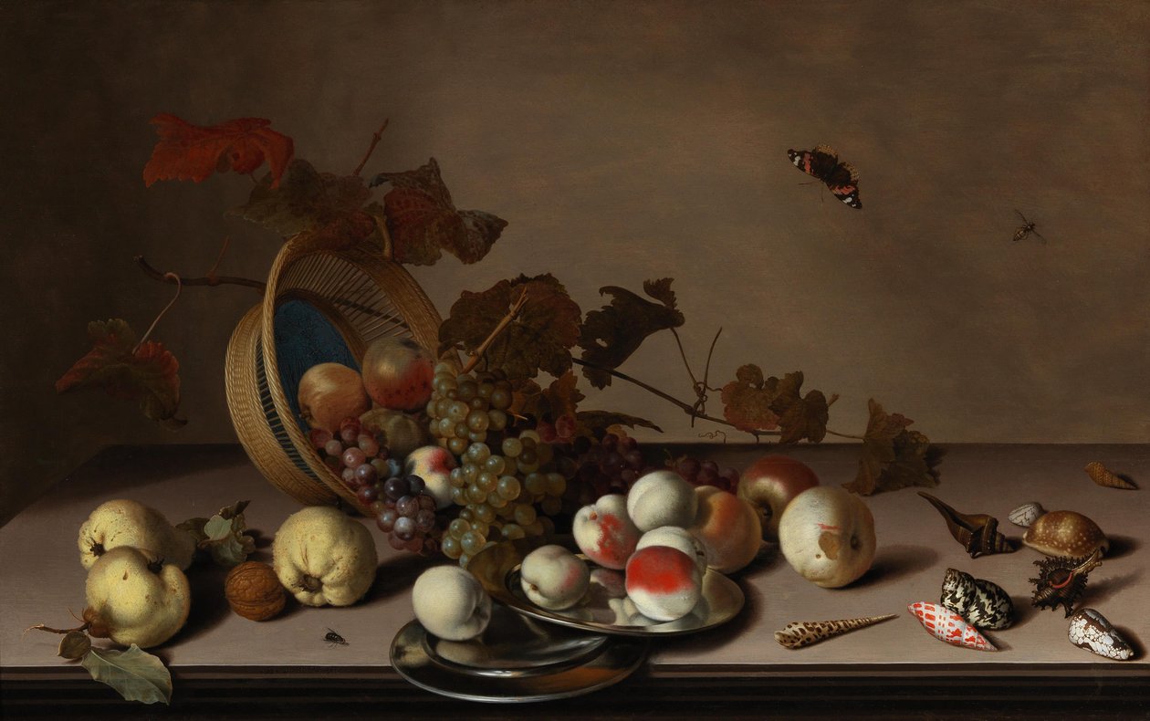 Nature morte de fruits avec panier en osier, moules et papillon, première moitié du 17ème siècle - Balthasar van der Ast
