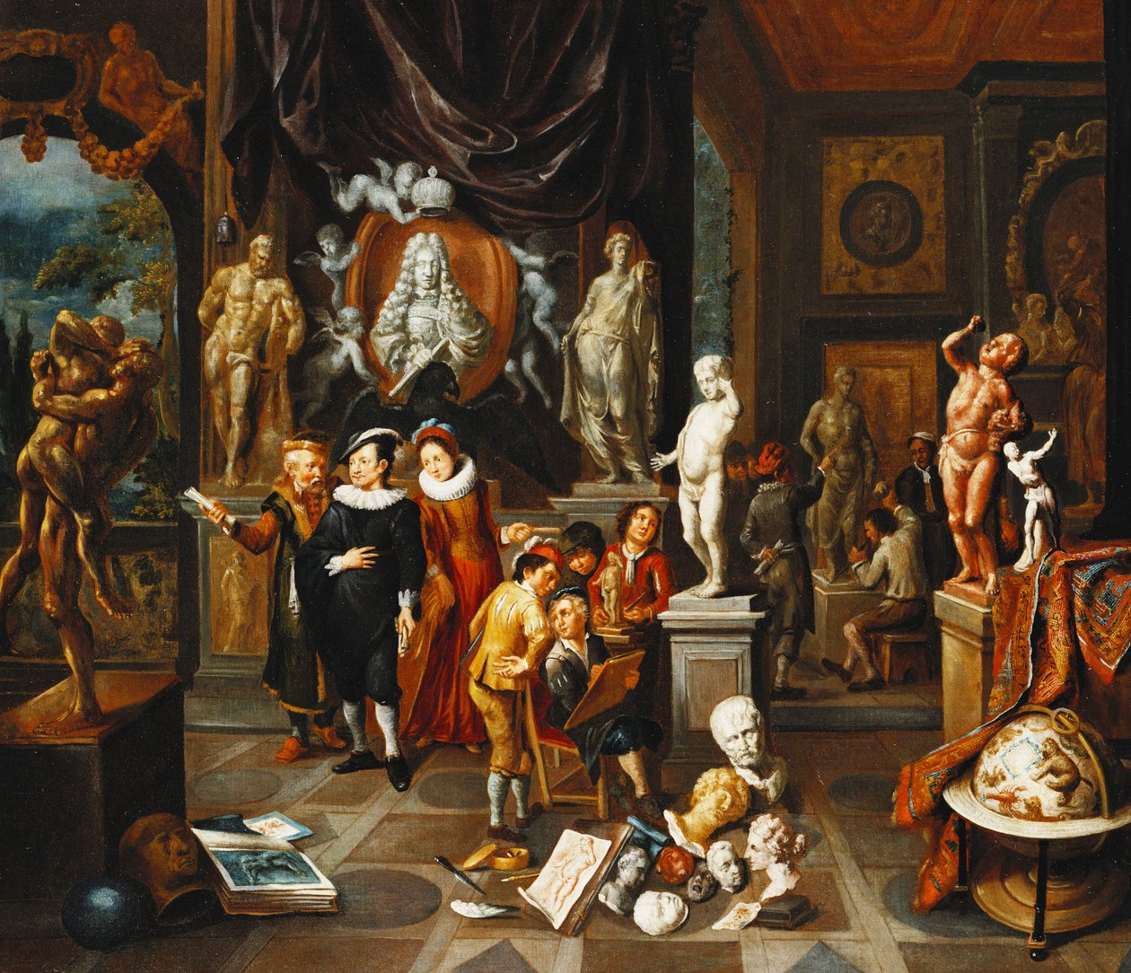 Un couple élégant visitant une galerie de sculptures, avec un artiste dessinant et un sculpteur au travail au-delà - Balthasar van den Bossche