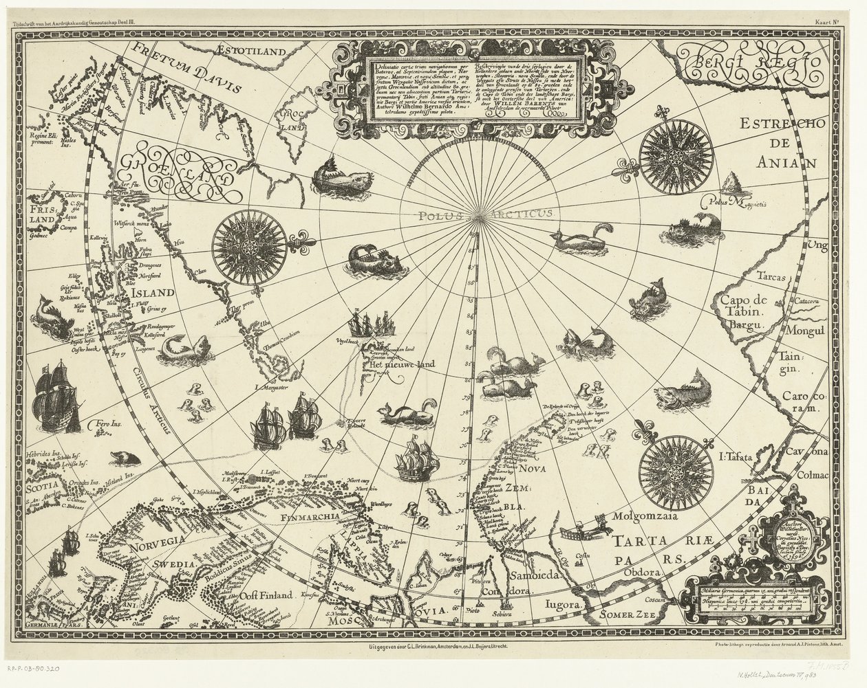 Carte des pays autour du cercle arctique avec les trois voyages des Hollandais en 1598 - Baptista van (after) Doetechum