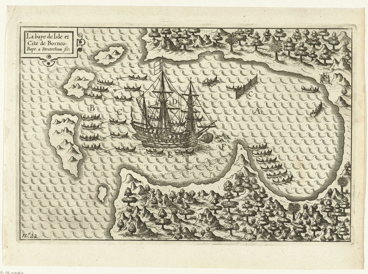 Arrivée à Bornéo, 1600 La baye de Isle et Cité de Borneo (titre sur l