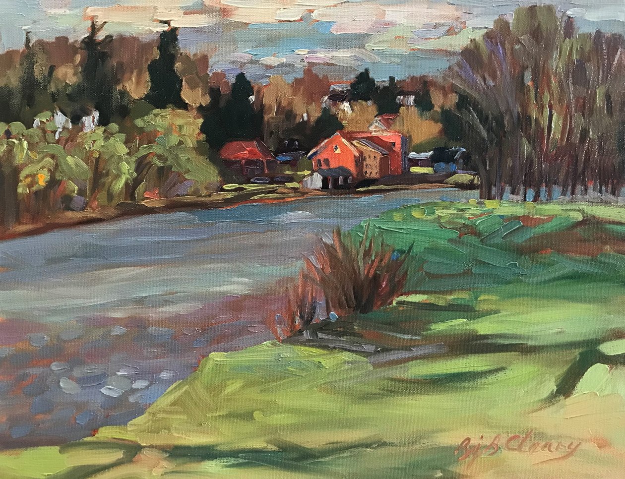 Village sur la rivière Kennebunkport, vers 1980-90 (huile sur toile) - Barbara Cleary