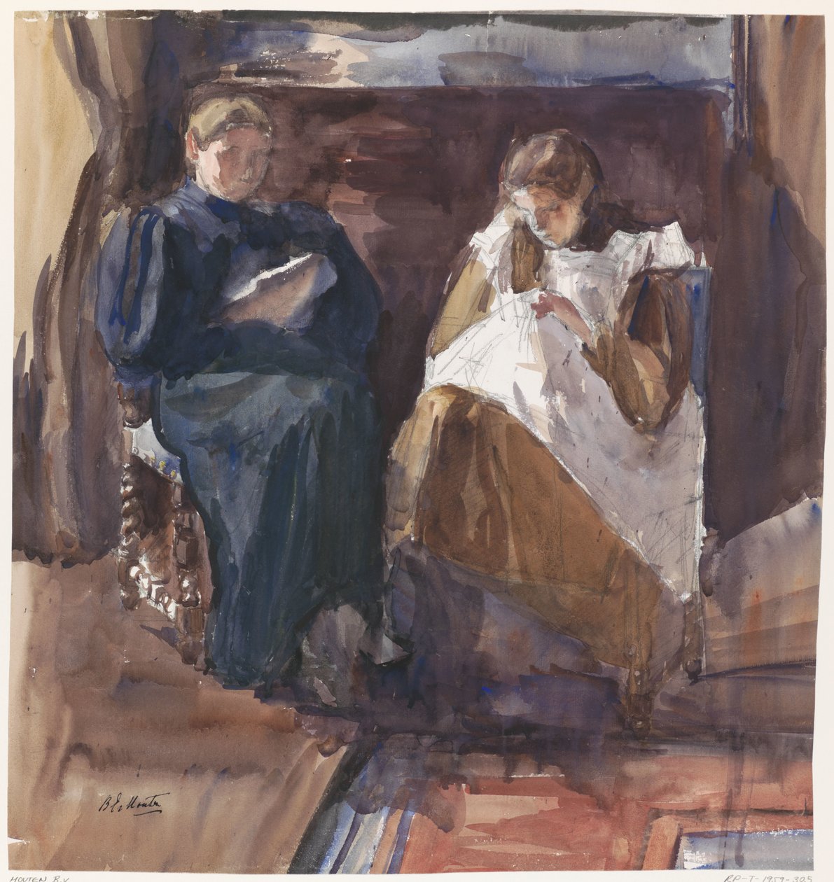 Dame lisant et fille brodant, vues de face, dans la maison de la rue Riouw 6, à La Haye - Barbara Elisabeth van Houten