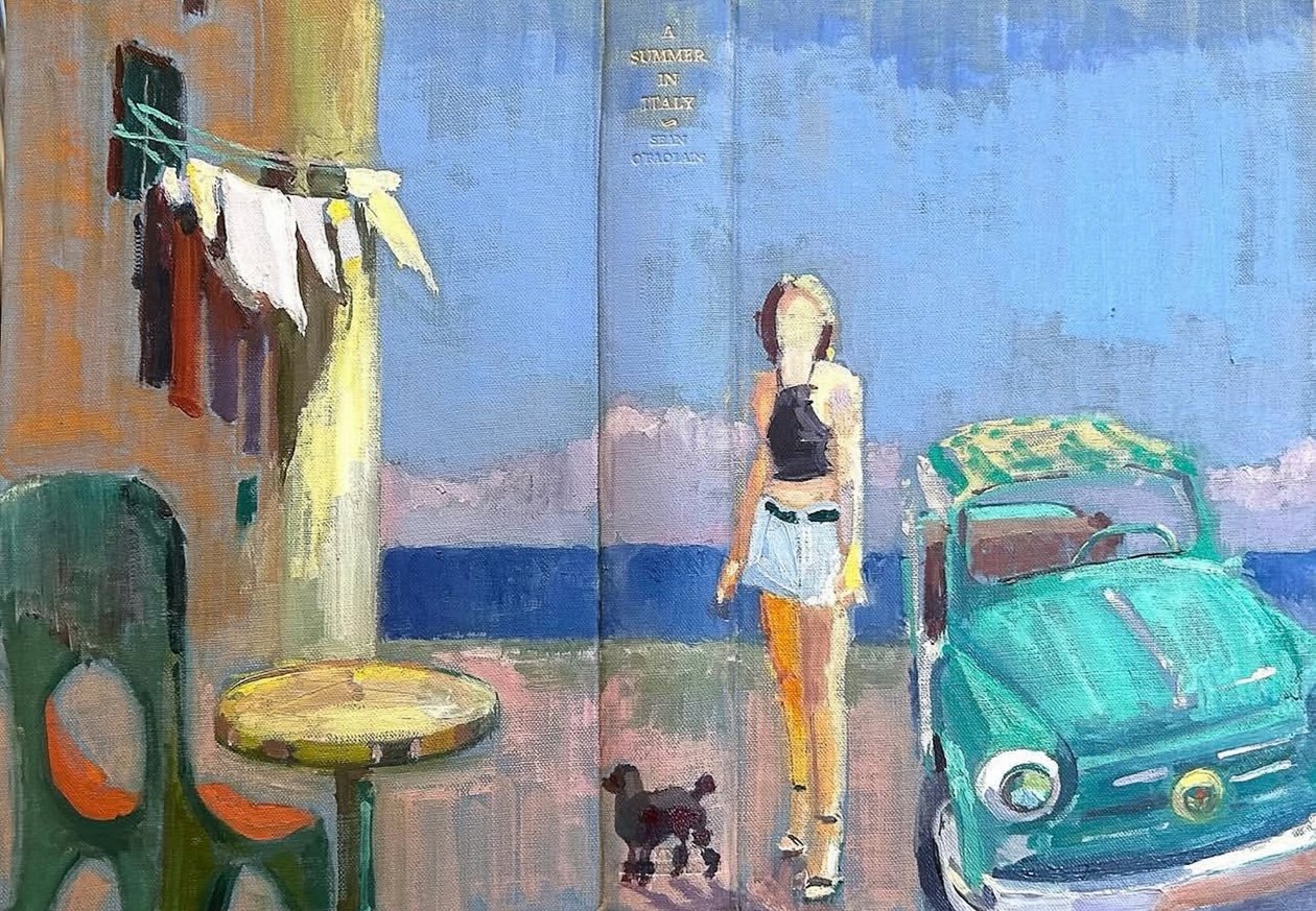 summer in italy, 2024, huile sur couverture de livre en lin antique - Barbara Hoogeweegen
