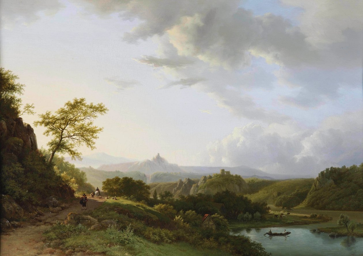 Paysage estival panoramique avec des voyageurs et un château en ruine au loin. - Barend Cornelis Koekkoek