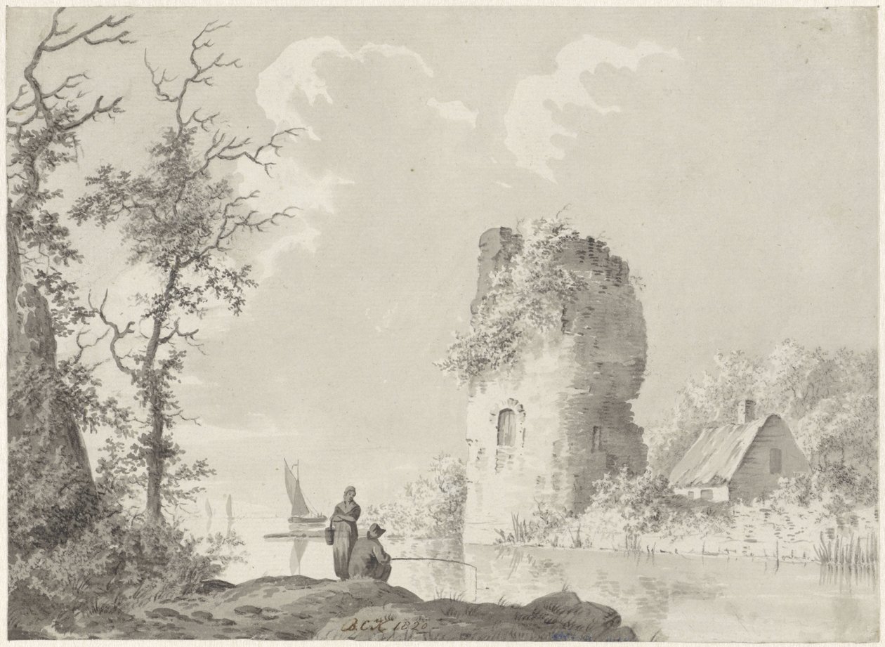 Paysage fluvial avec tour et pêcheur - Barend Cornelis Koekkoek