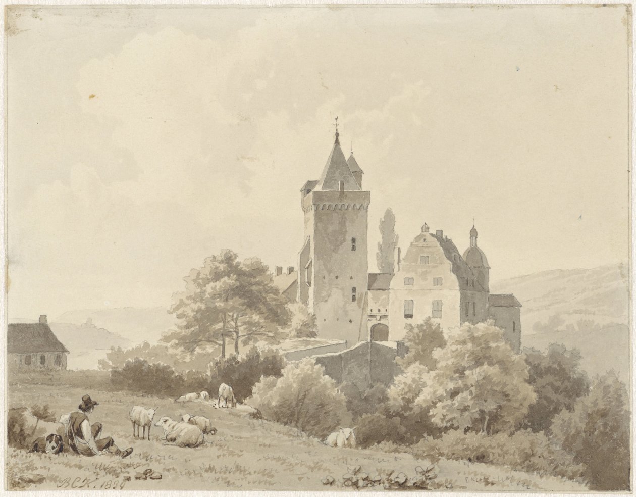 Berger au repos près du Schloss Lansberg - Barend Cornelis Koekkoek
