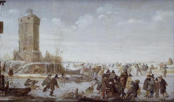 Patineurs et figures élégantes avec des traîneaux tirés par des chevaux sur une rivière gelée près d
