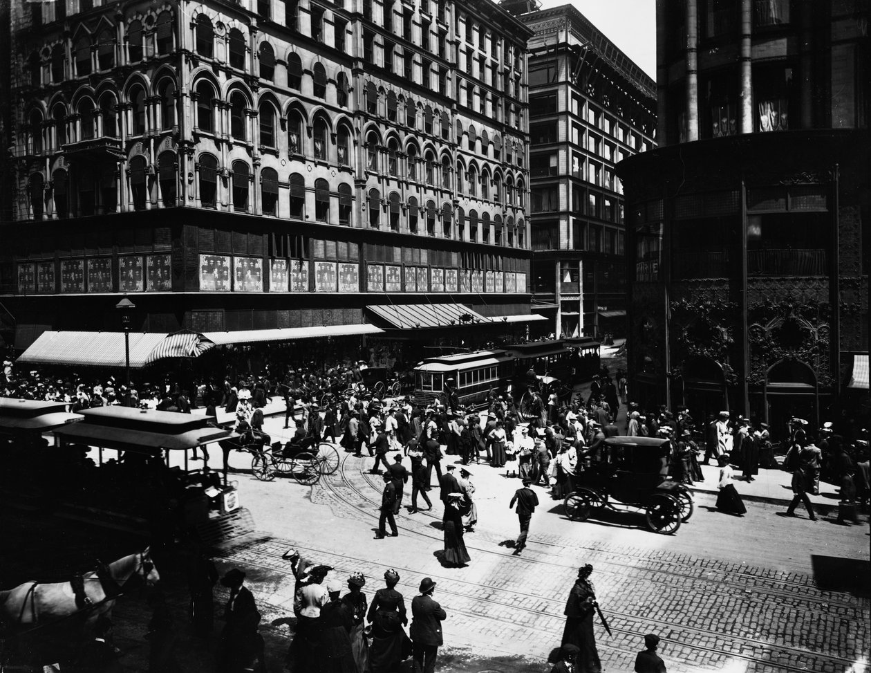 State et Madison Streets, Chicago, Illinois, USA, vers 1905 (photo n/b) - Barnes and Crosby