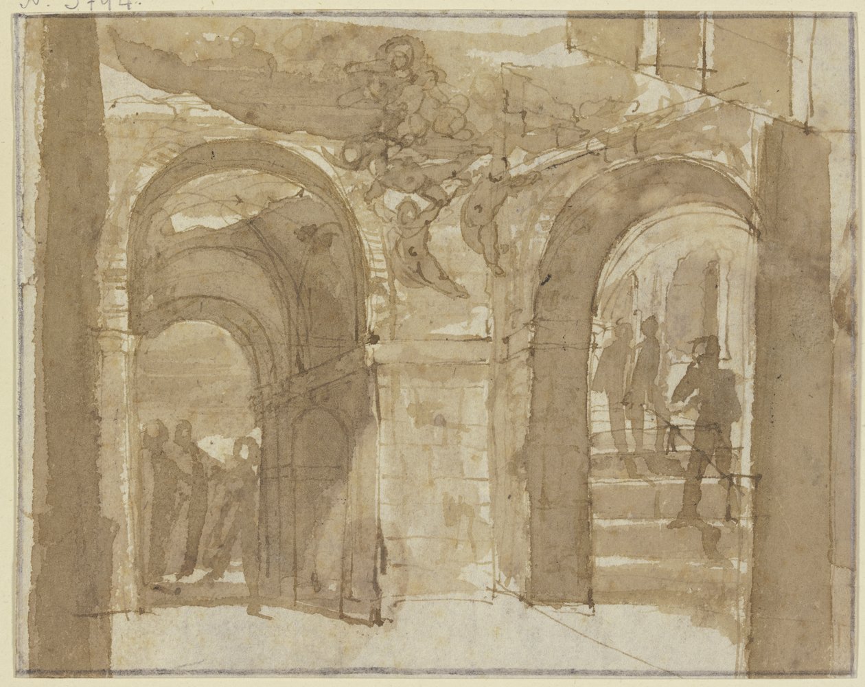 Voûte antique avec un escalier et plusieurs personnages ; en haut, Marie est entourée d