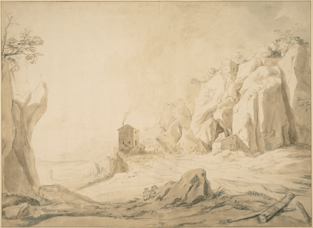 Paysage avec une route au pied de falaises près de Bracciano - Bartholomeus Breenbergh