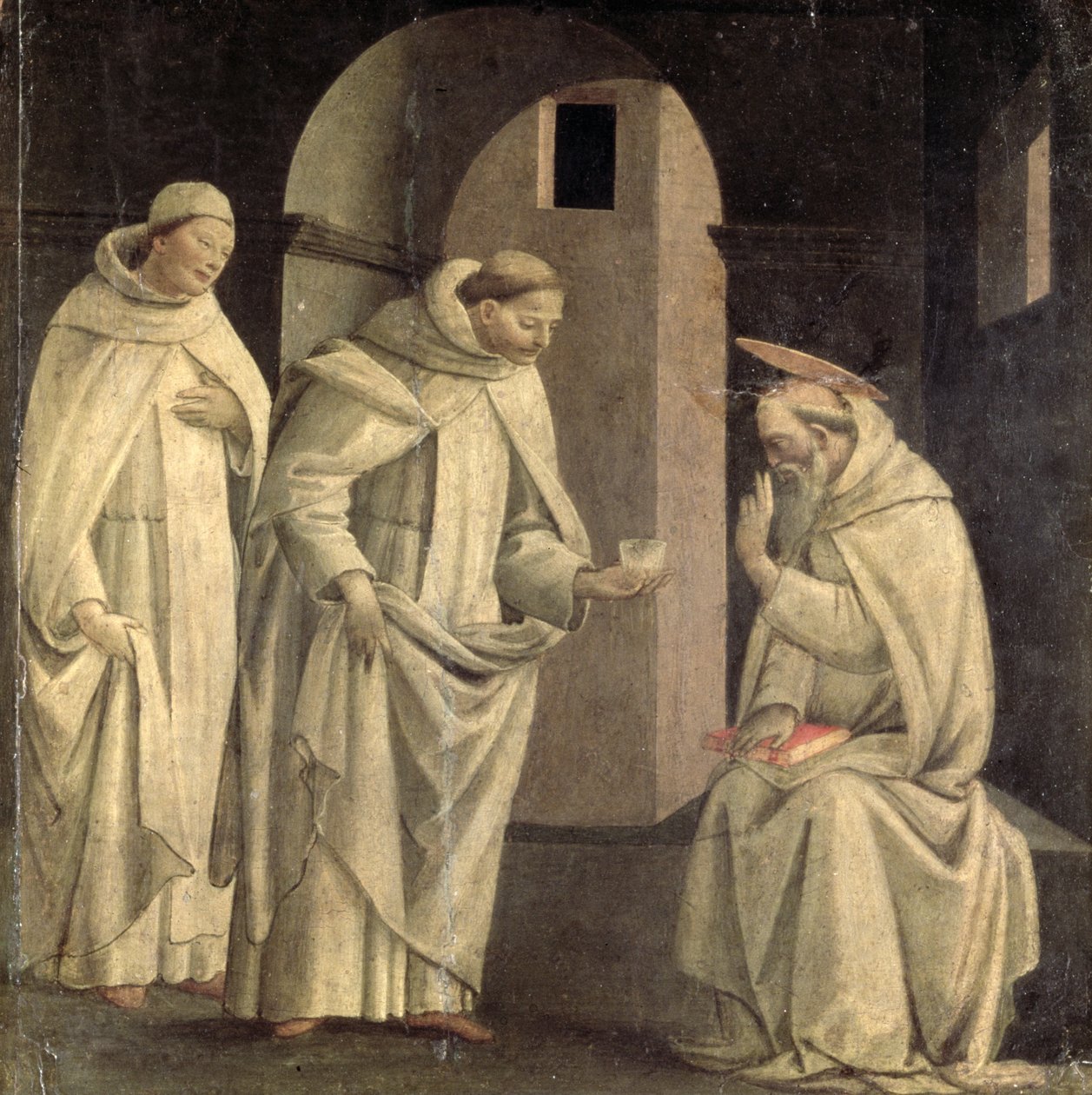 Scènes de la vie de Saint Benoît : Saint Benoît bénissant la coupe de poison qui se brise, panneau de prédelle, vers 1488 - Bartolomeo di Giovanni