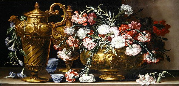Nature morte avec des œillets dans un vase et une aiguière florentine sur un rebord - Bartolomeo Bimbi