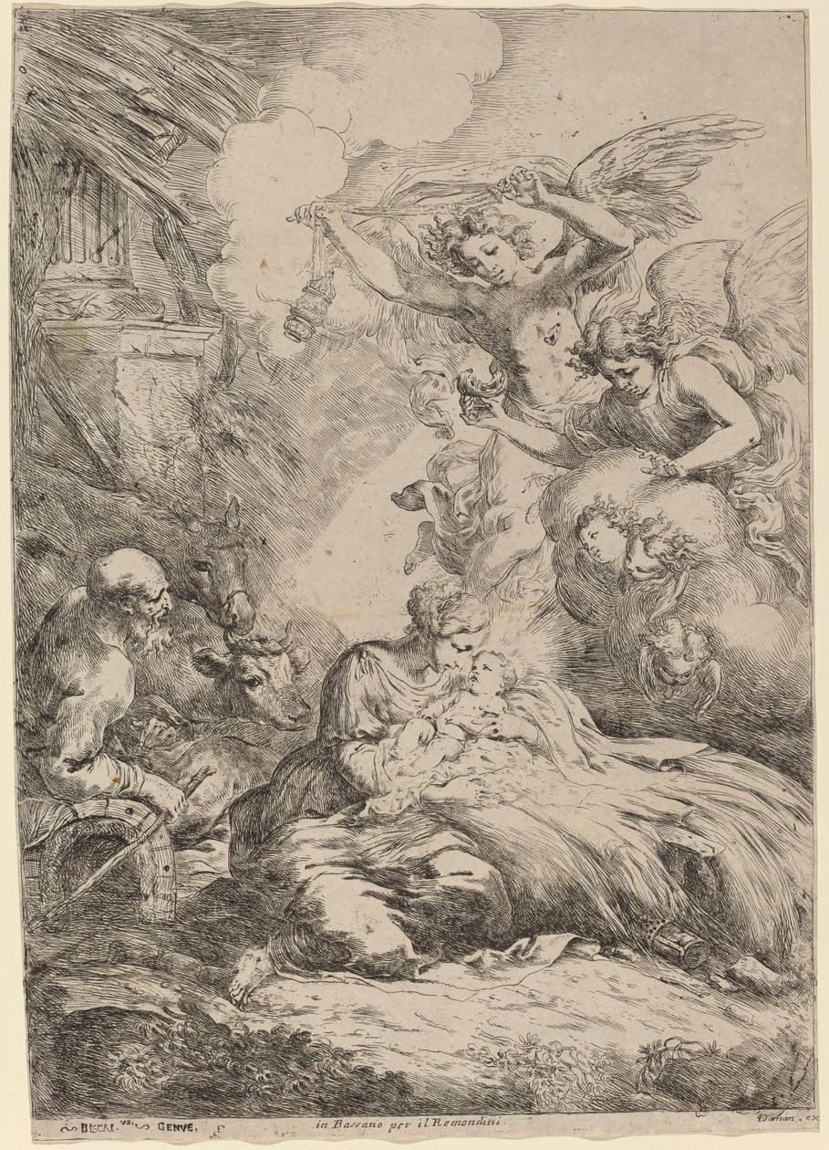 La Sainte Famille adorée par les anges La Grande Nativité - Bartolomeo Biscaino