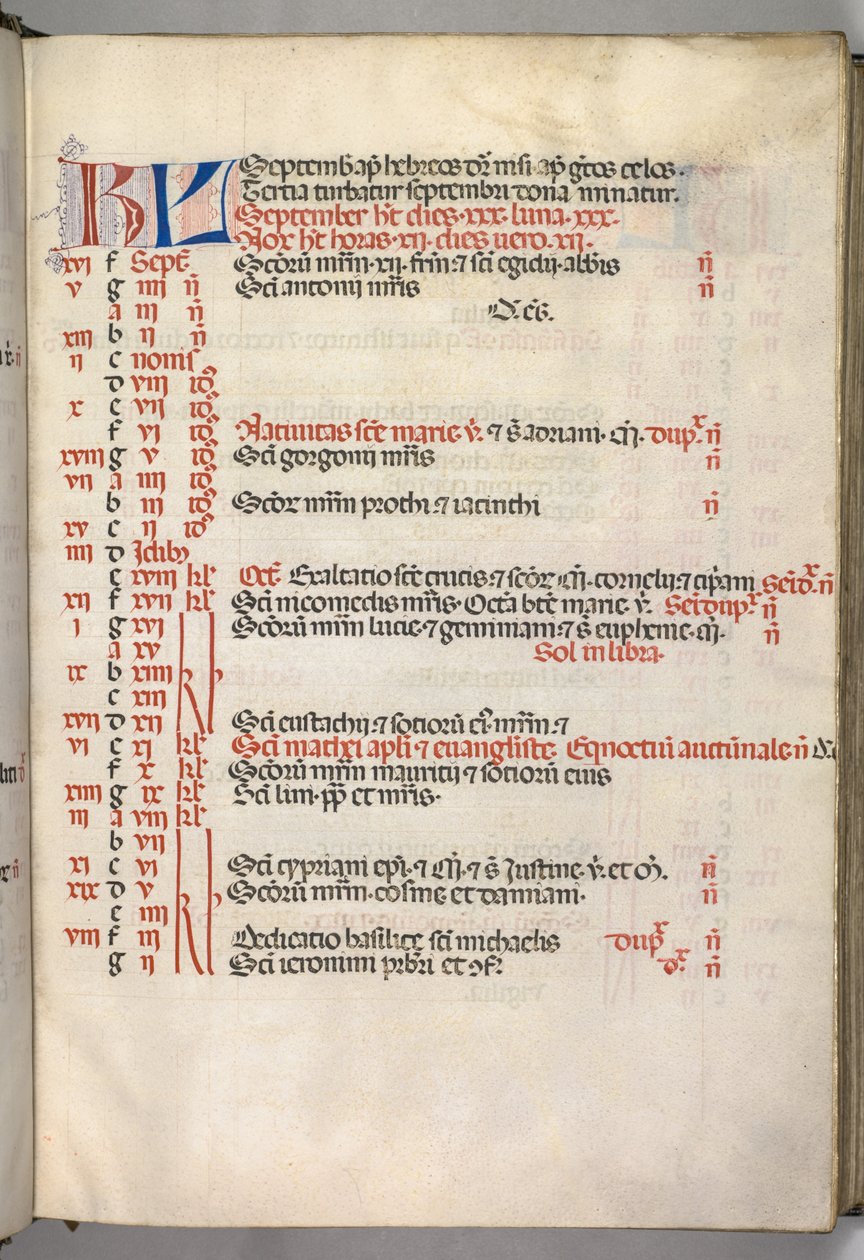 Missale : Fol. 7r : Page du calendrier de septembre, 1469 - Bartolomeo Caporali