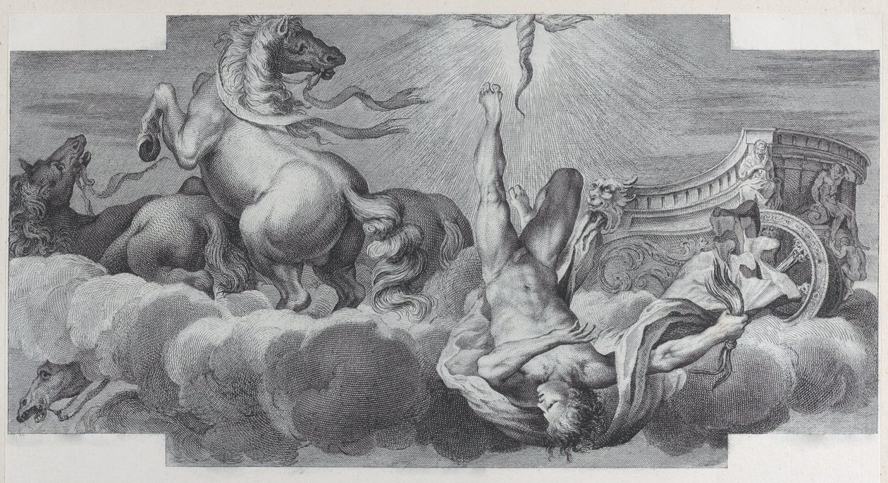 Planche 34 : Auriga, le cocher, tombe du char au centre, avec trois chevaux à l..., 1756. Créateurs : Bartolomeo Crivellari, Gabriel Söderling - Bartolomeo Crivellari, Gabriel Söderling