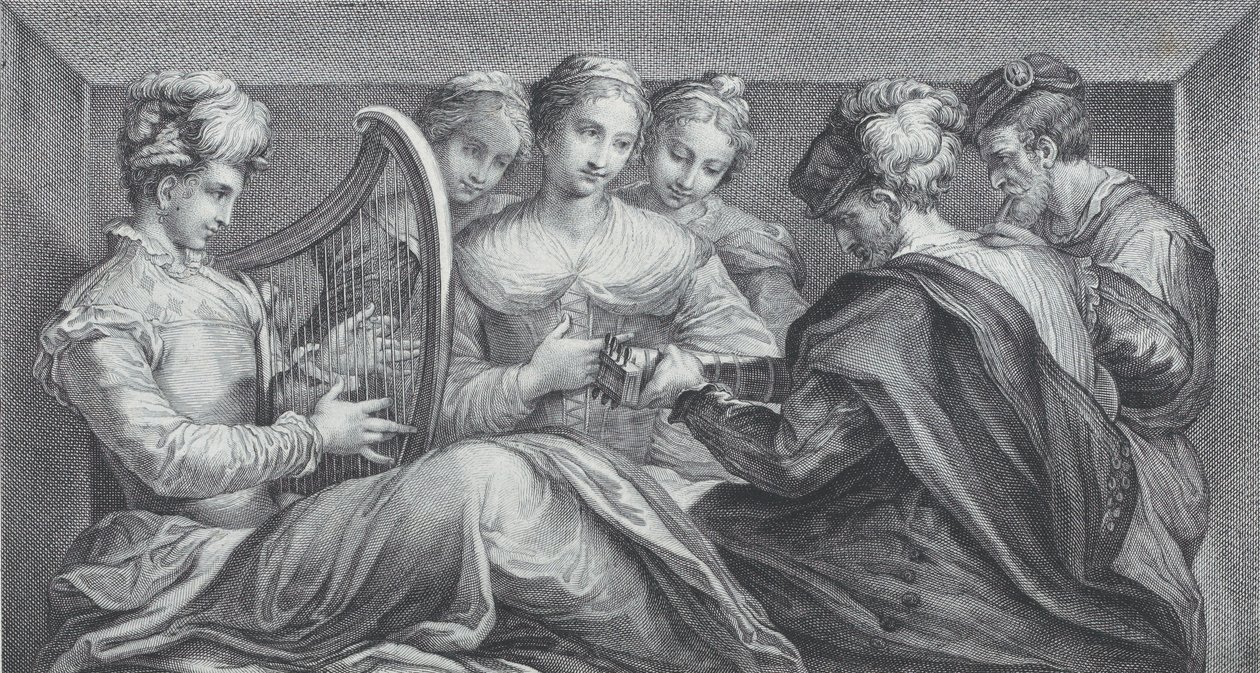 Un groupe de personnes élégamment vêtues jouant de la harpe et de la guitare - Bartolomeo Crivellari
