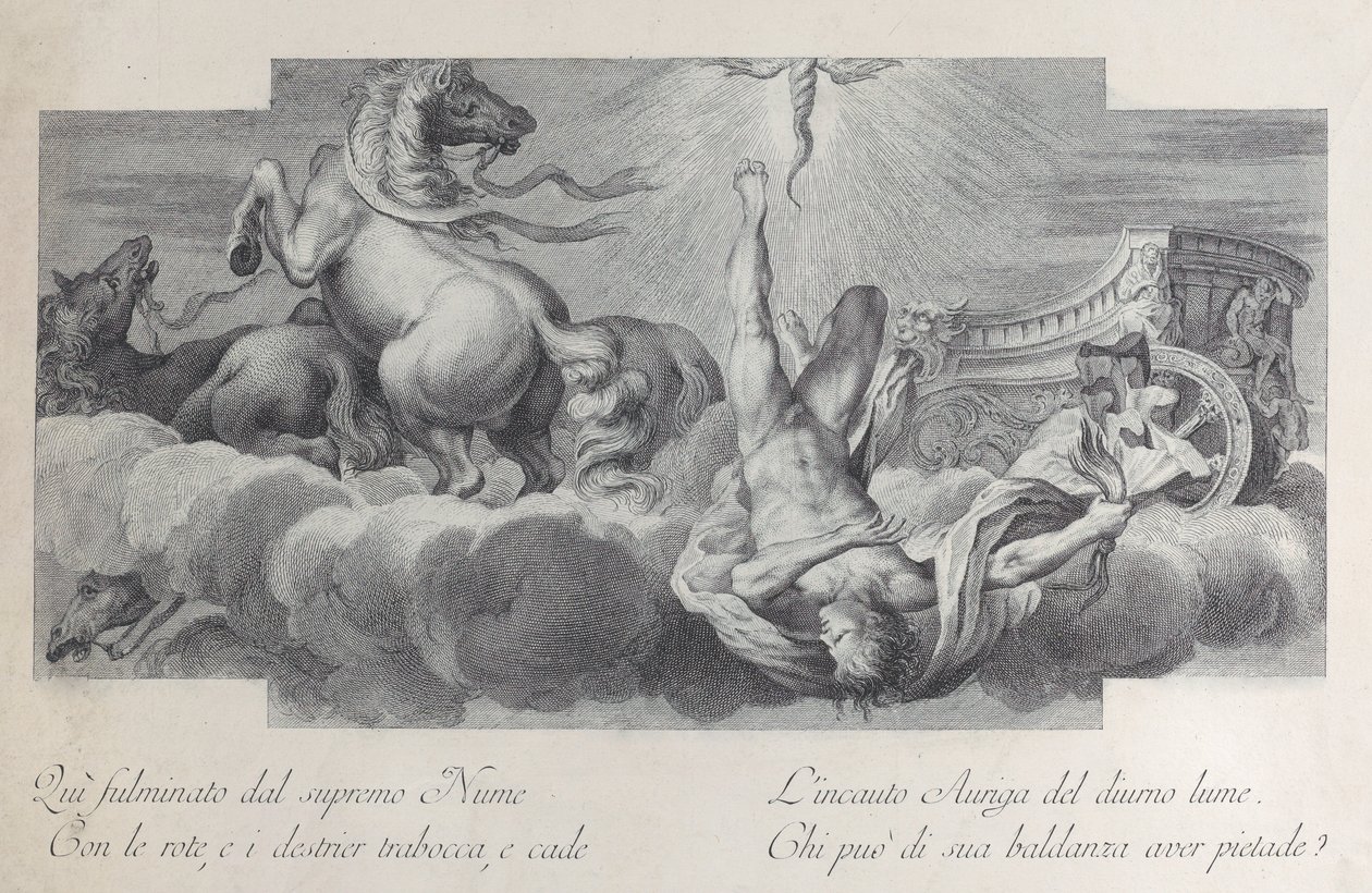 Auriga, le cocher, tombe du char au centre, avec trois chevaux - Bartolomeo Crivellari