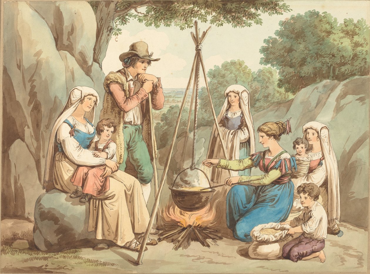 Une famille de paysans cuisinant sur un feu de camp - Bartolomeo Pinelli