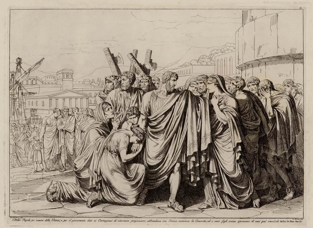Atilius Regulus se préparant à quitter Rome pour retourner en captivité à Carthage (gravure) - Bartolomeo Pinelli