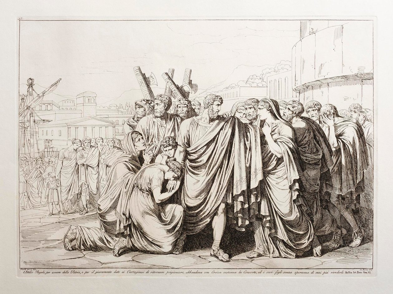 Attilio Regolo, par amour pour sa patrie et en raison du serment donné aux Carthaginois de revenir comme prisonnier, abandonne son épouse avec une constance héroïque, et ses enfants sans espoir de les revoir jamais - Bartolomeo Pinelli