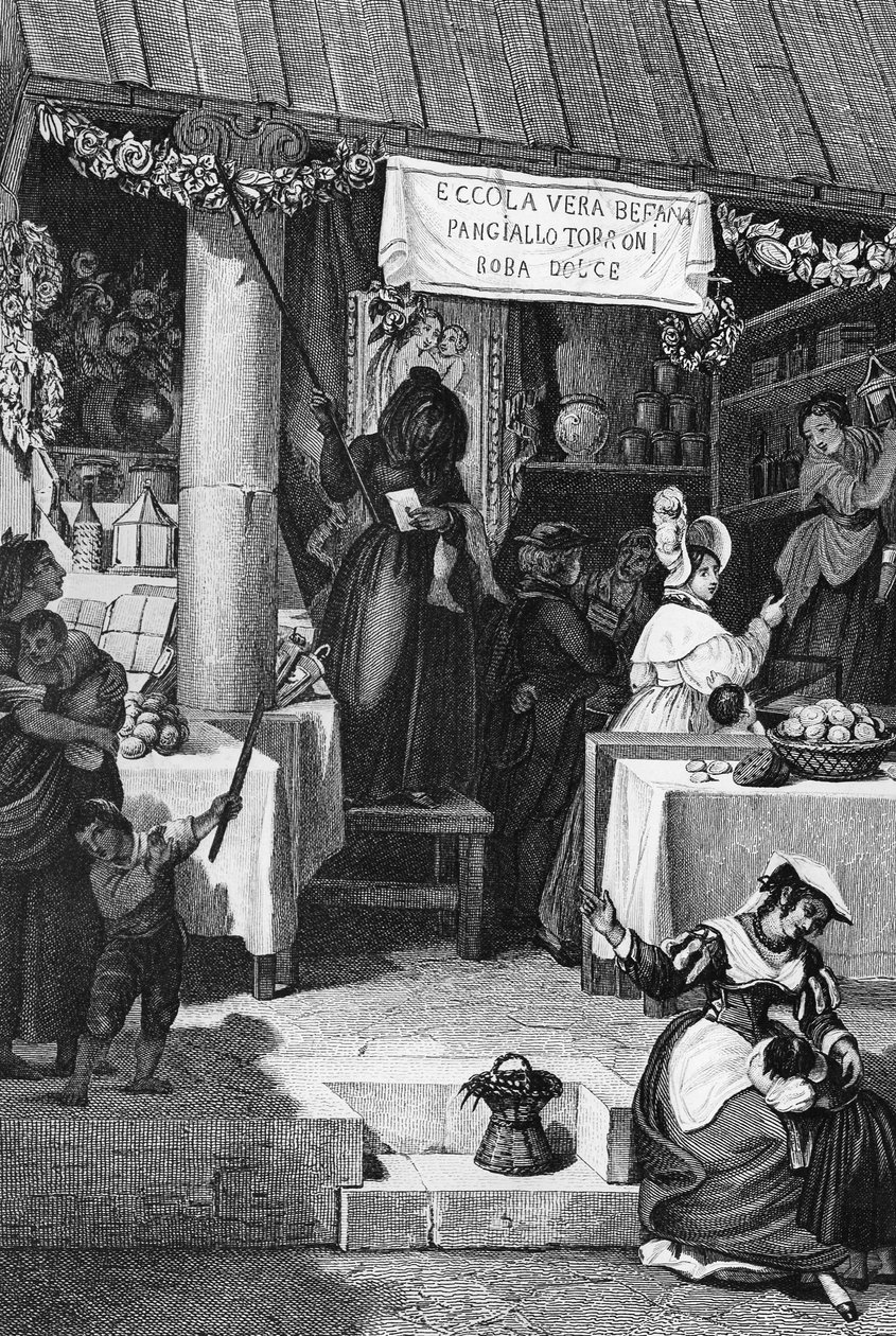 Befana (sorcière de Noël italienne), étal vendant des bonbons et du nougat sur la Piazza Navona pendant l