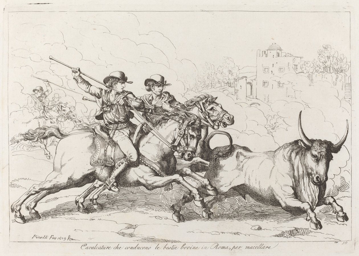 Cavalcature che conducono le bestie bovine in Roma, per macellare (Planche 16) - Bartolomeo Pinelli