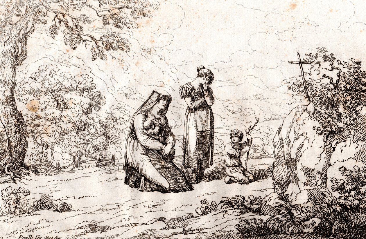 Femme ciociara priant devant la croix où son mari a été tué, gravure par Bartolomeo Pinelli - Bartolomeo Pinelli