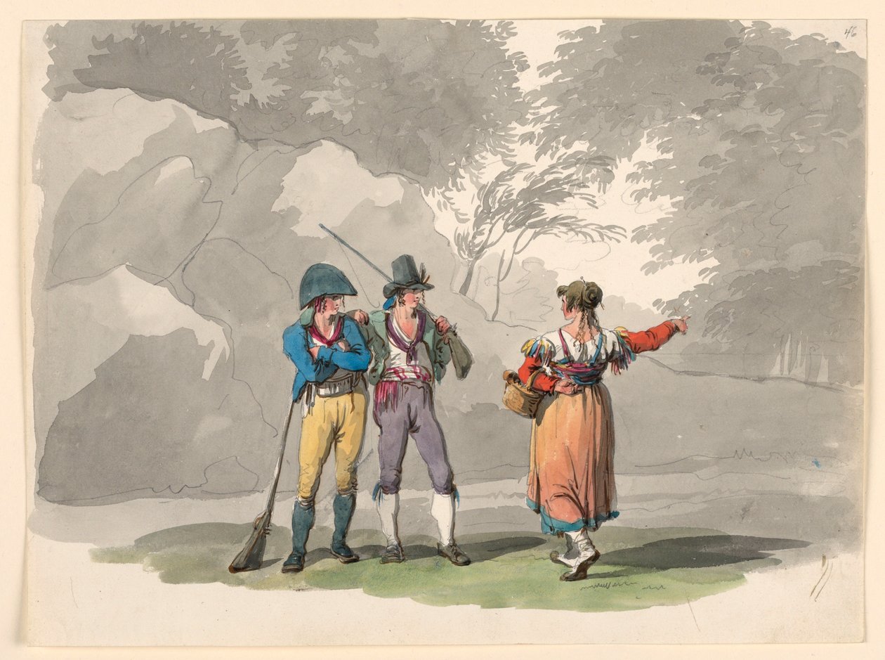 Dessin, Une femme et deux hommes armés. Costumes du royaume de Naples, 1807-08 - Bartolomeo Pinelli