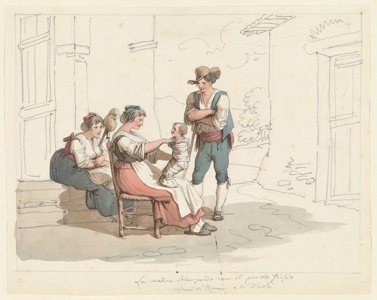 Scène familiale avec une mère et son enfant, illustration pour «Costumes et coutumes romains» - Bartolomeo Pinelli