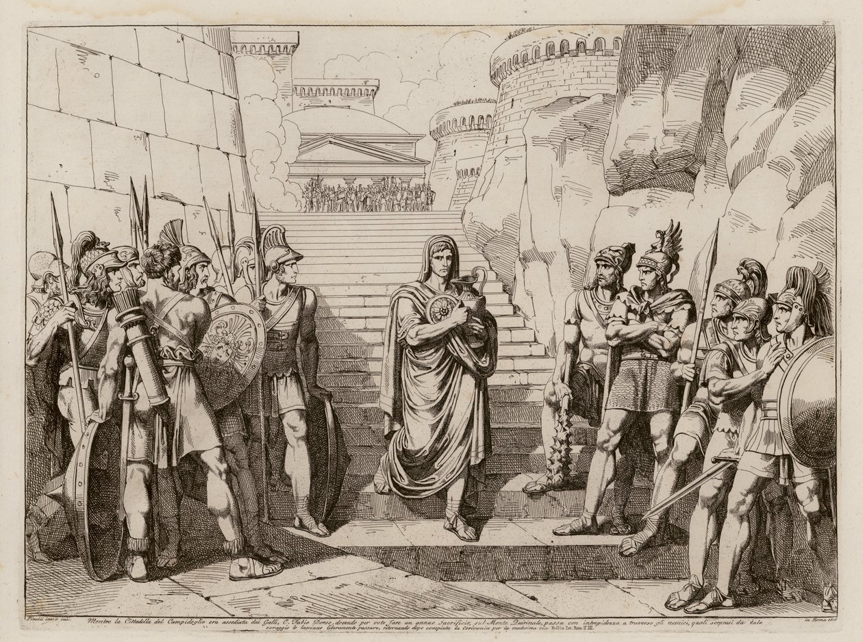 Gaius Fabius Dorsuo passe les Gaulois sans être inquiété en allant faire un sacrifice, 390 avant J.-C. (gravure) - Bartolomeo Pinelli